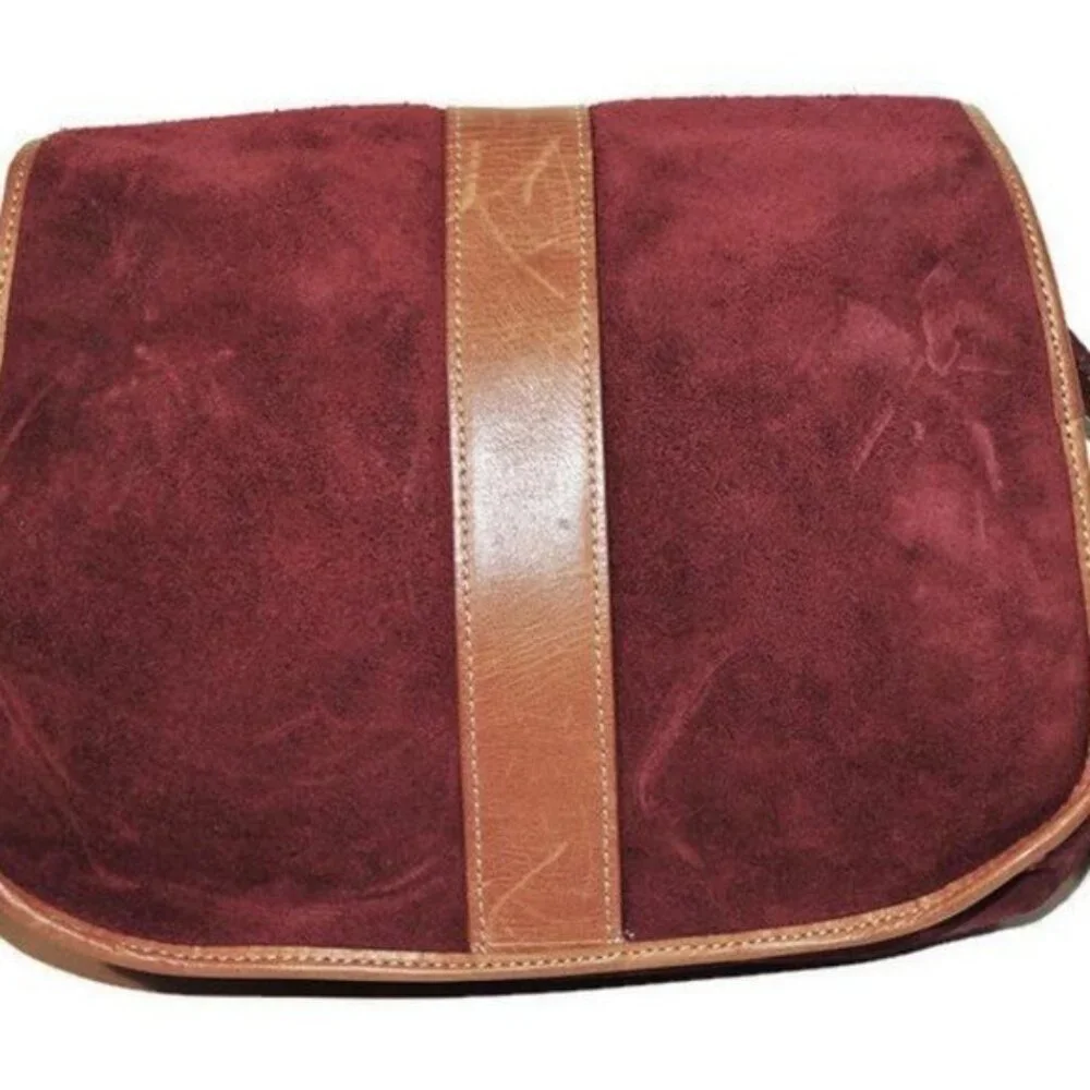 Yancci Shoulder Bag Women Medium Burgundy Suede Leather Floral Medallion Vintage